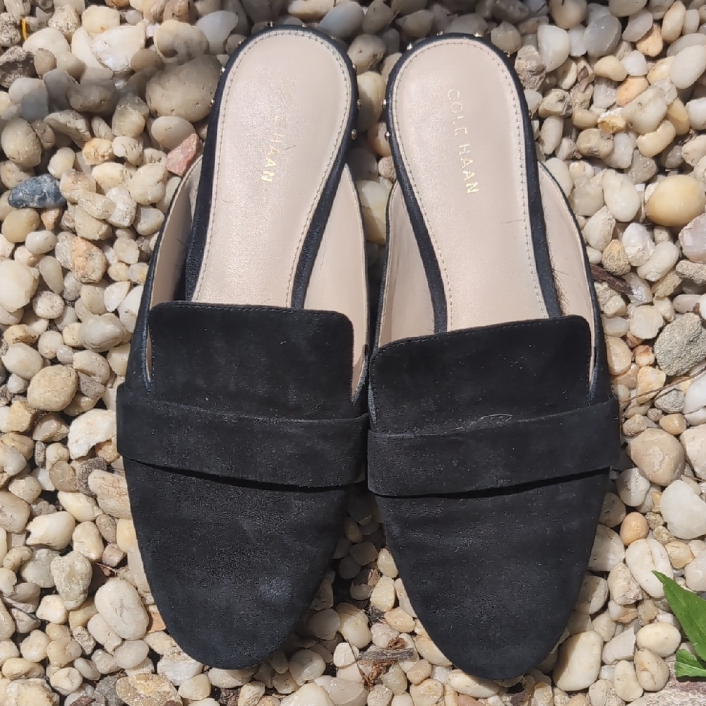 Cole Haan Black Suede Mules With Gold Embellishments On Heels, Sz 8M.